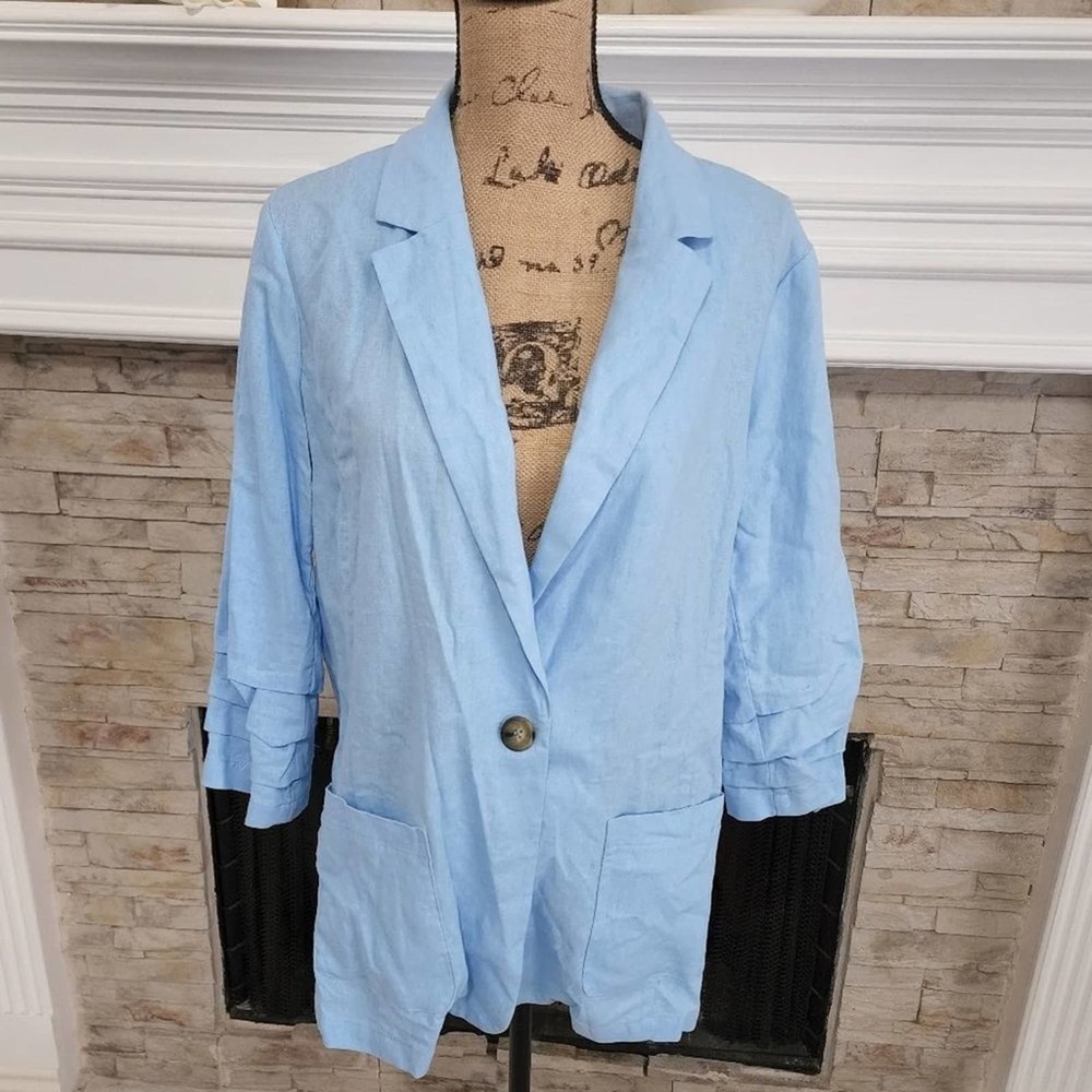 HALSTON lightweight blue linen blend ruffle sleeve blazer jacket Size XL NEW!!!